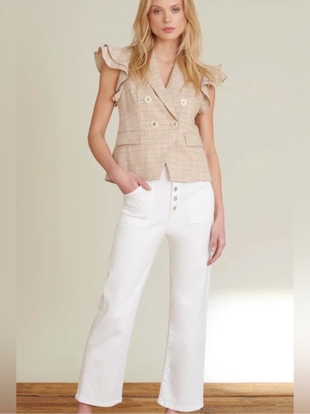 $595 Veronica Beard Janae Plaid Ruffle Blazer Jacket vest Khaki Multi Sz 00 - Picture 16 of 16